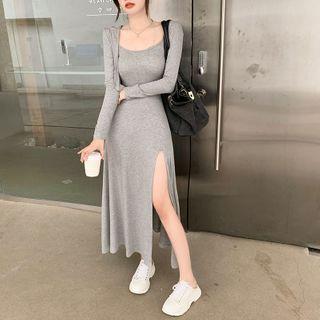 Plain Hooded Cardigan / Spaghetti Strap Plain Split Dress