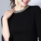 Embellished Elbow-sleeve Knit Top