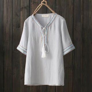 Tasseled Embroidered Elbow Sleeve Blouse