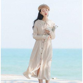 Tie Neck Long-sleeve Midi Shirt Dress