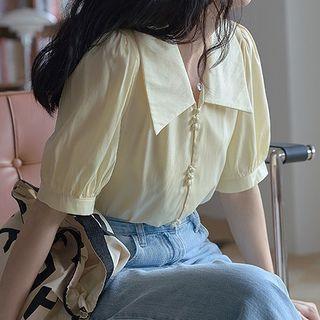Puff Sleeve Faux Pearl Button Crop Shirt