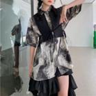 Set: Short-sleeve Tie Dye Shirt + Lace Up Cropped Vest