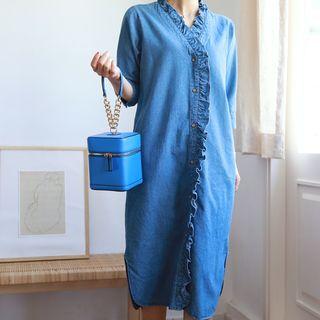 Frilled-placket Round-hem Denim Shirtdress