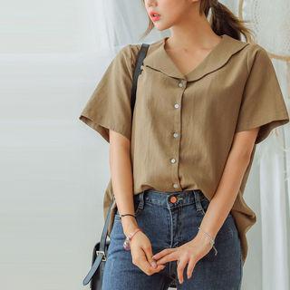 Shawl-collar Linen Blend Blouse
