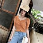 Sweetheart-neckline Shirred Short-sleeve Knit Top