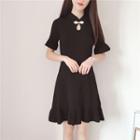 Short-sleeve Frog-buttoned A-line Knit Dress Black - One Size