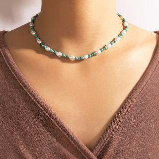 Bead Necklace 18113 - White & Cyan - One Size