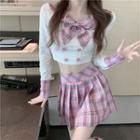 Short-sleeve Double Breasted Top / Plaid Skirt