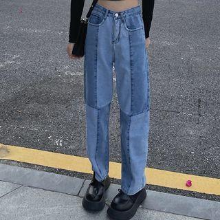 Mid Rise Panel Straight Leg Jeans