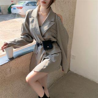 Cold-shoulder Houndstooth Blazer With Belt