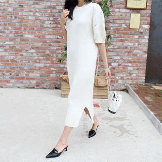 Punch-detail Long Rib-knit Dress