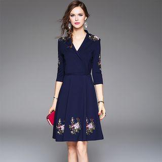 V-neck Embroidered Elbow-sleeve A-line Dress