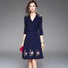 V-neck Embroidered Elbow-sleeve A-line Dress