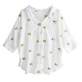 3/4-sleeve Floral Embroidery Shirt