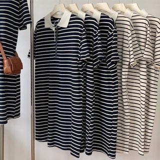 Short-sleeve Half-zip Striped Dress