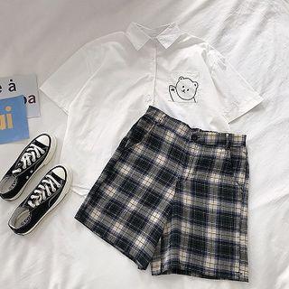 Bear Print Short-sleeve Blouse / Plaid High-waist Shorts