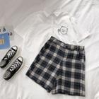 Bear Print Short-sleeve Blouse / Plaid High-waist Shorts