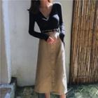 Long-sleeve V-neck Top / A-line Midi Skirt