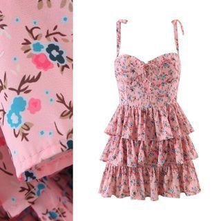 Spaghetti Strap Flower Print Mini Tiered Dress