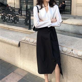 Plain Satin Blouse / Midi H-line Skirt
