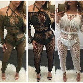 Drawstring Waist Plain Mesh Jumpsuit
