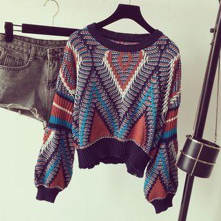 Lantern-sleeve Geometric Chunky Knit Sweater