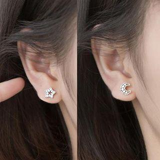 Rhinestone Earring 1 Pair - With Back Stopper - Stud Earring - Non-matching - Star & Moon - Silver - One Size