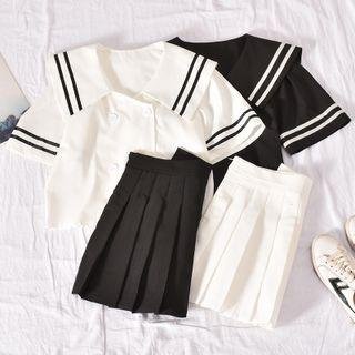 Short-sleeve Sailor Collar Double-breasted Shirt / Pleated Mini A-line Skirt