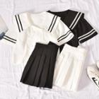 Short-sleeve Sailor Collar Double-breasted Shirt / Pleated Mini A-line Skirt