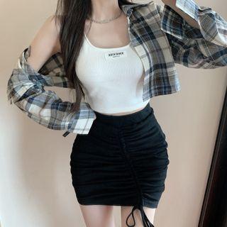 Plaid Crop Shirt / Tank Top / Drawstring Mini Pencil Skirt