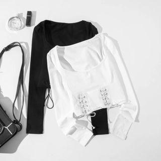 U-neck Lace Up Long-sleeve Crop Top