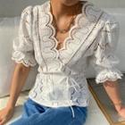 V Neck Lace Cut Out Oversized Puff Short Sleeve Shirt