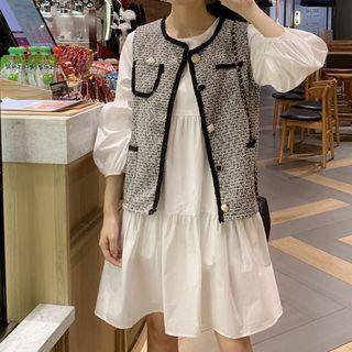 Tweed Vest /lantern-sleeve Dress