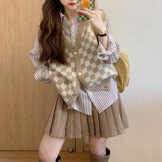 Checkerboard Button-up Sweater Vest / Striped Shirt