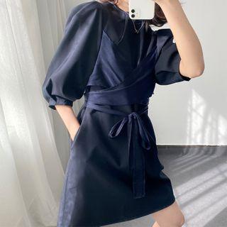 Tie-front Elbow-sleeve Mini A-line Dress