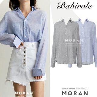 Stand-collar 3/4-sleeve Long-sleeved Loose-fit Pocketed Straight Striped Plain Blouse