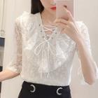 Lace-up Front Elbow-sleeve Lace Blouse
