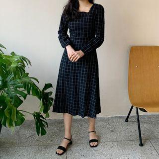 Square-neck Check Long Dress