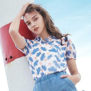 Short-sleeve Chiffon Leaf Print Shirt