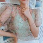 Puff-sleeve See-through Rosette Organza Blouse