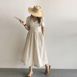 V-neck Puff-sleeve Linen Blend Shirtdress