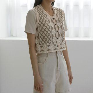 Sleeveless Cropped Crochet Cardigan Cocoa - One Size