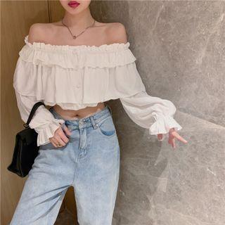 Off-shoulder Bell Sleeve Ruffle Trim Crop Top