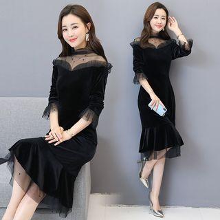 Velvet Elbow-sleeve Midi Sheath Dress