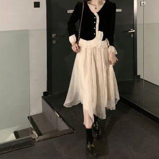 Long-sleeve Ruffle Trim Velvet Jacket / High-waist Plain Midi Skirt