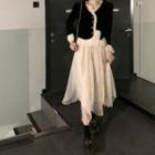 Long-sleeve Ruffle Trim Velvet Jacket / High-waist Plain Midi Skirt