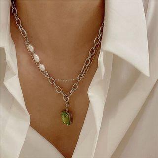 Rhinestone Pendant Layered Necklace Xy2291 - Green & Silver - One Size