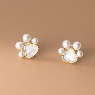 Cat Paw Shell Faux Pearl Sterling Silver Earring 1 Pair - White & Gold - One Size