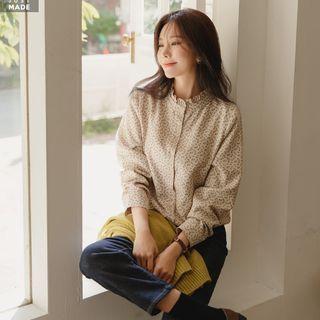 Frill-neck Floral Faux-suede Blouse