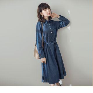 Long Sleeve Tie-waist Denim Dress